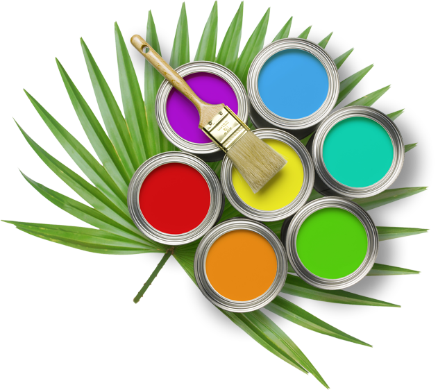 paint cans on palm frond